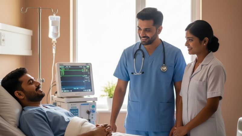 Indian doctor and nurse supervising medical detox treatment at a rehabilitation centre in Thiruverkadu