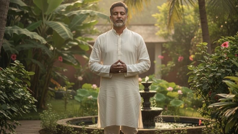 Patient practicing meditation in a calm rehabilitation centre environment in Thiruverkadu, Chennai