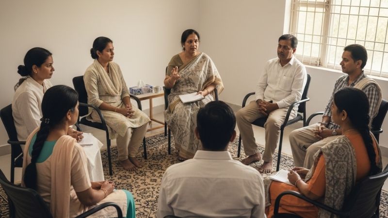 Group therapy session with Indian patients at a rehabilitation centre in Thiruverkadu for addiction recovery