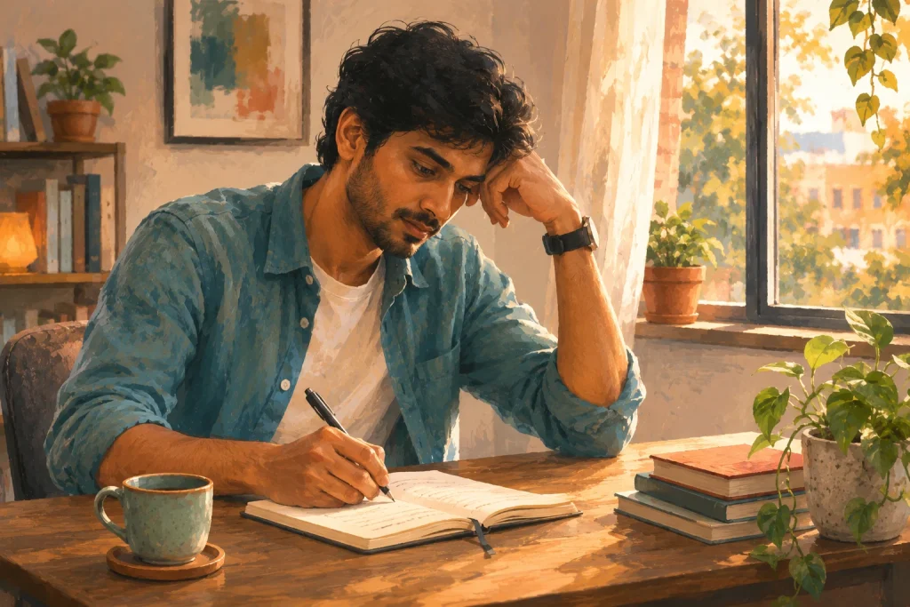Illustration of a person journaling as part of practicing coping skills learned in CBT for addiction