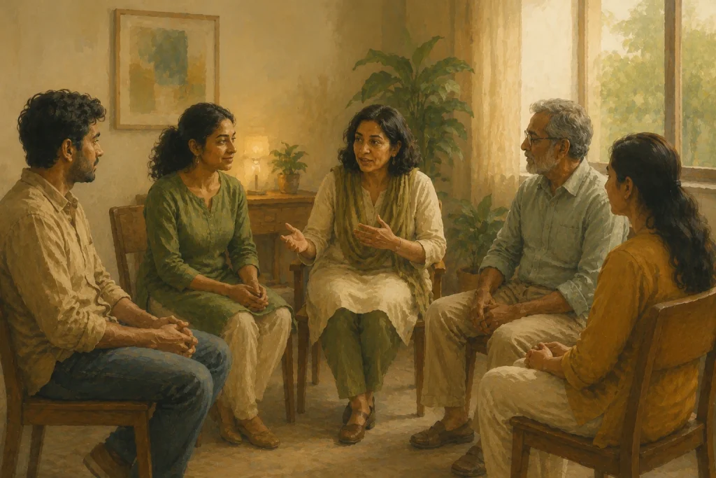 Illustration of a small group therapy circle, showing peer support as part of CBT-based addiction treatment