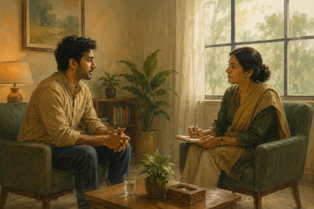 Illustration of a therapist and client in a warm counseling room during a CBT session for addiction recovery