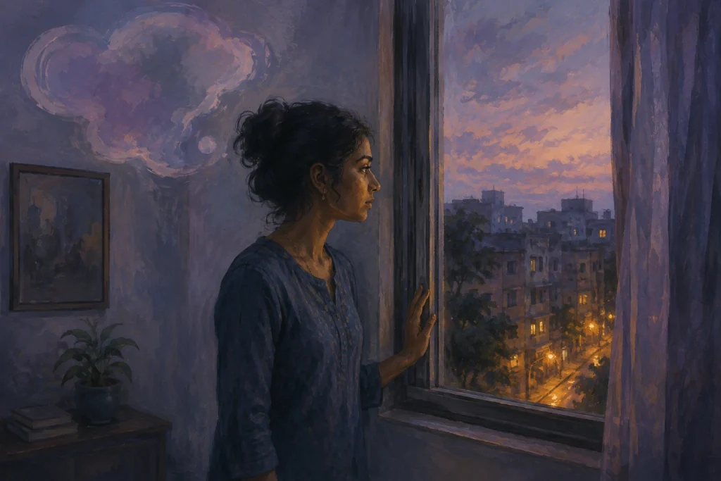 Illustration of a woman pausing to notice her thoughts, representing how CBT helps identify triggers and thought patterns