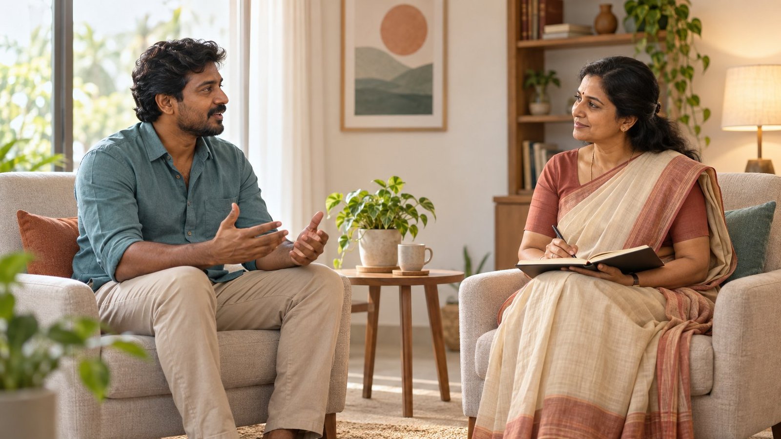 Tamil man discussing recovery goals with a counsellor alongside medication-assisted treatment