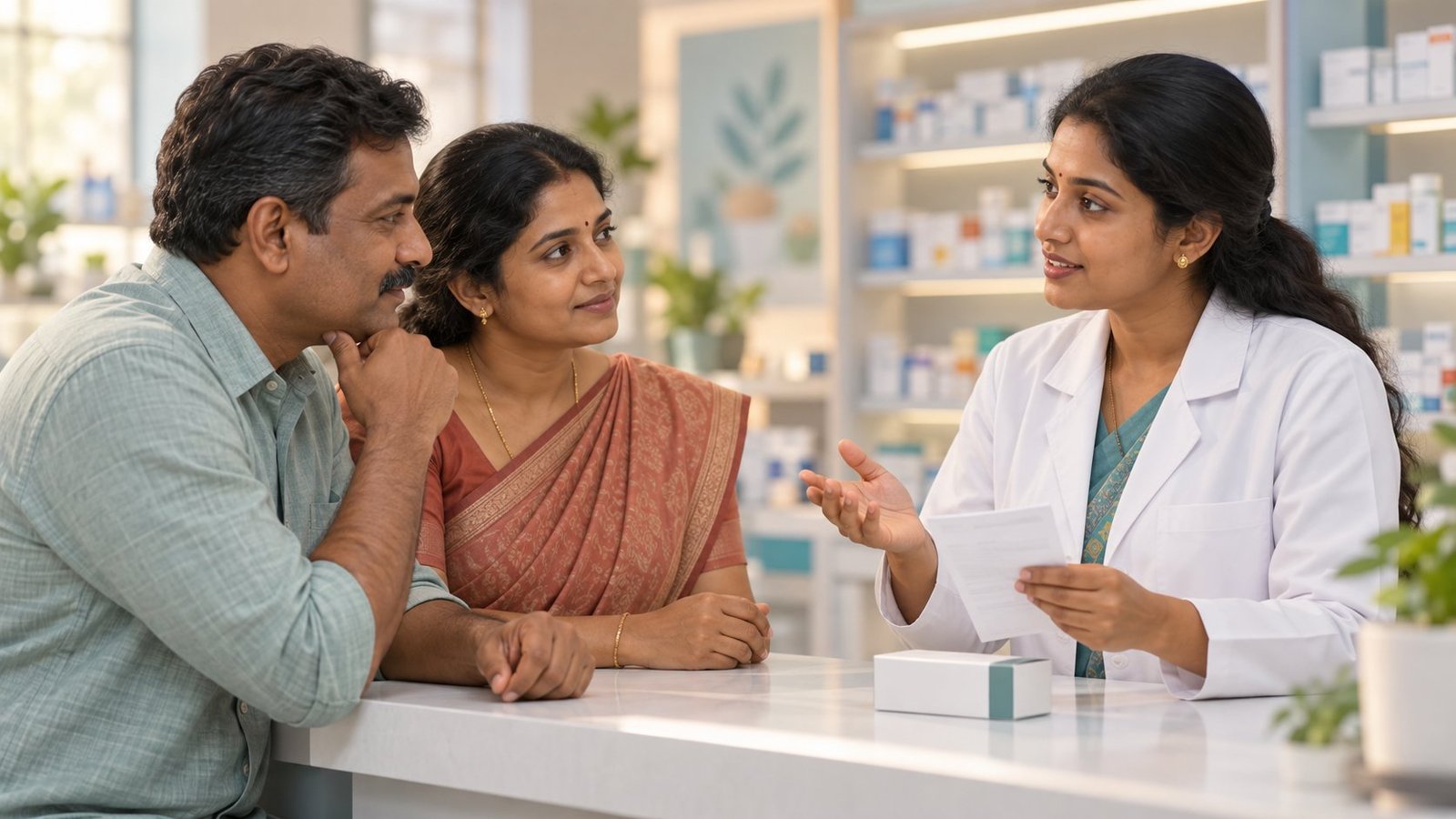 Tamil couple asking a pharmacist questions about prescription instructions