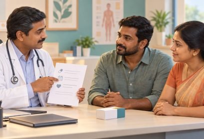 Doctor explaining medication-assisted treatment to a Tamil couple