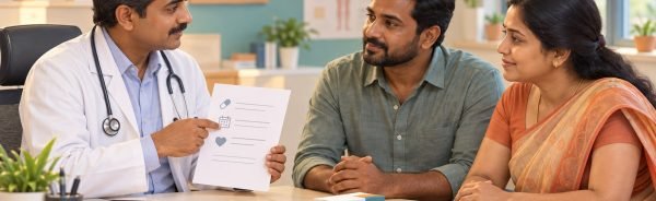 Doctor explaining medication-assisted treatment to a Tamil couple