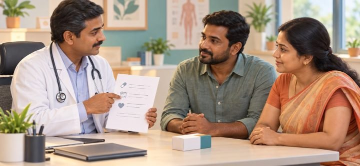 Doctor explaining medication-assisted treatment to a Tamil couple