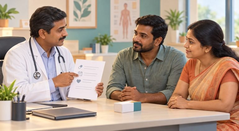 Doctor explaining medication-assisted treatment to a Tamil couple