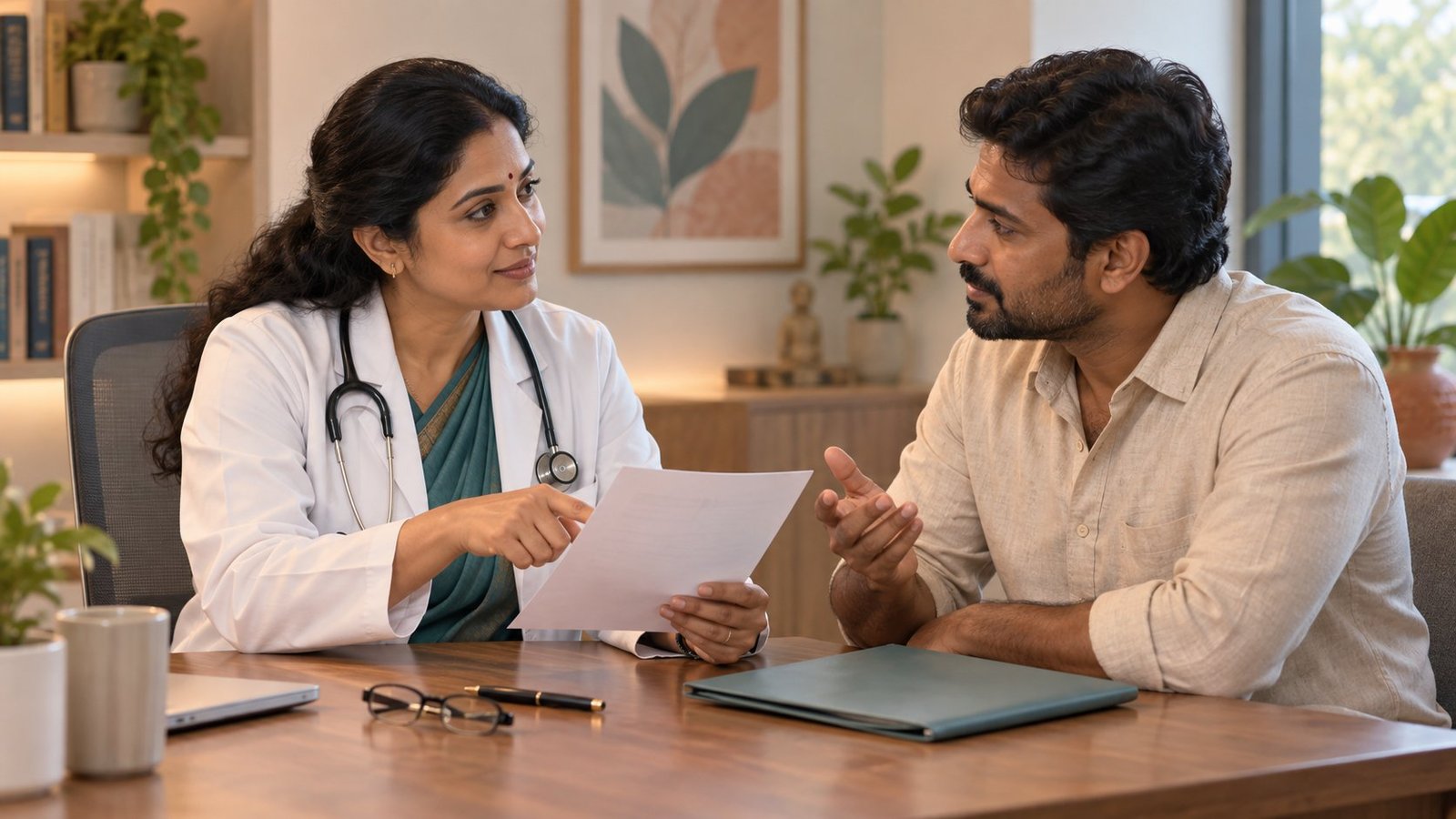 Doctor reviewing prescriptions and medical reports for medication-assisted treatment