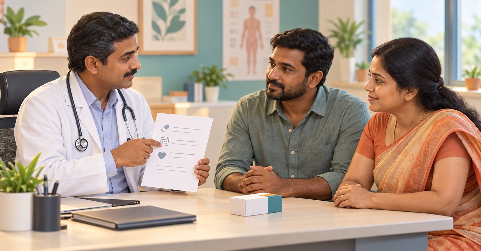 Doctor explaining medication-assisted treatment to a Tamil couple
