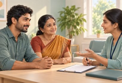 Rehab Admission in Chennai — Family Guide Tamil family discussing rehab admission in Chennai with a counsellor