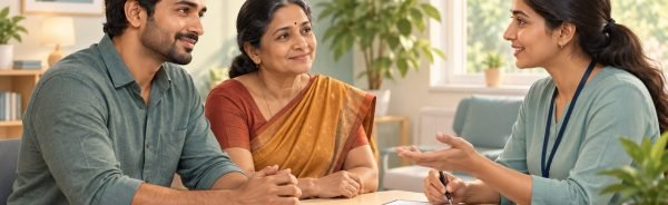 Tamil family discussing rehab admission in Chennai with a counsellor