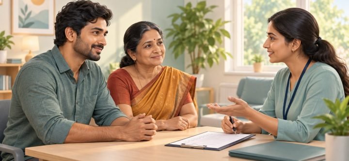 Tamil family discussing rehab admission in Chennai with a counsellor