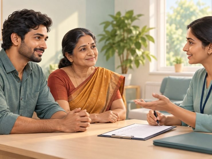 Tamil family discussing rehab admission in Chennai with a counsellor