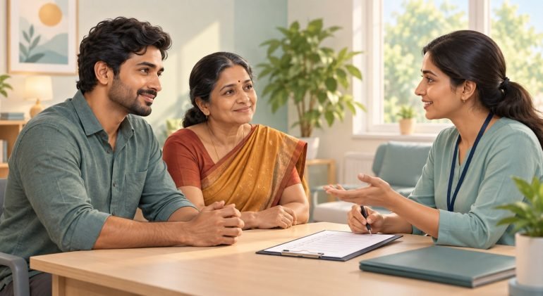 Tamil family discussing rehab admission in Chennai with a counsellor