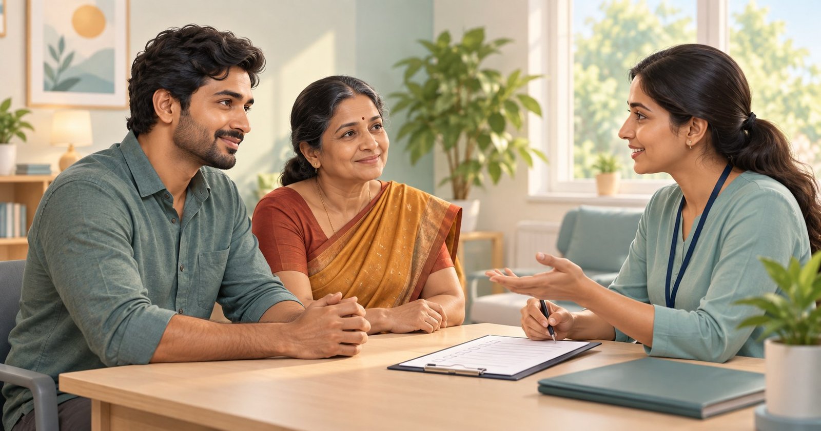 Tamil family discussing rehab admission in Chennai with a counsellor
