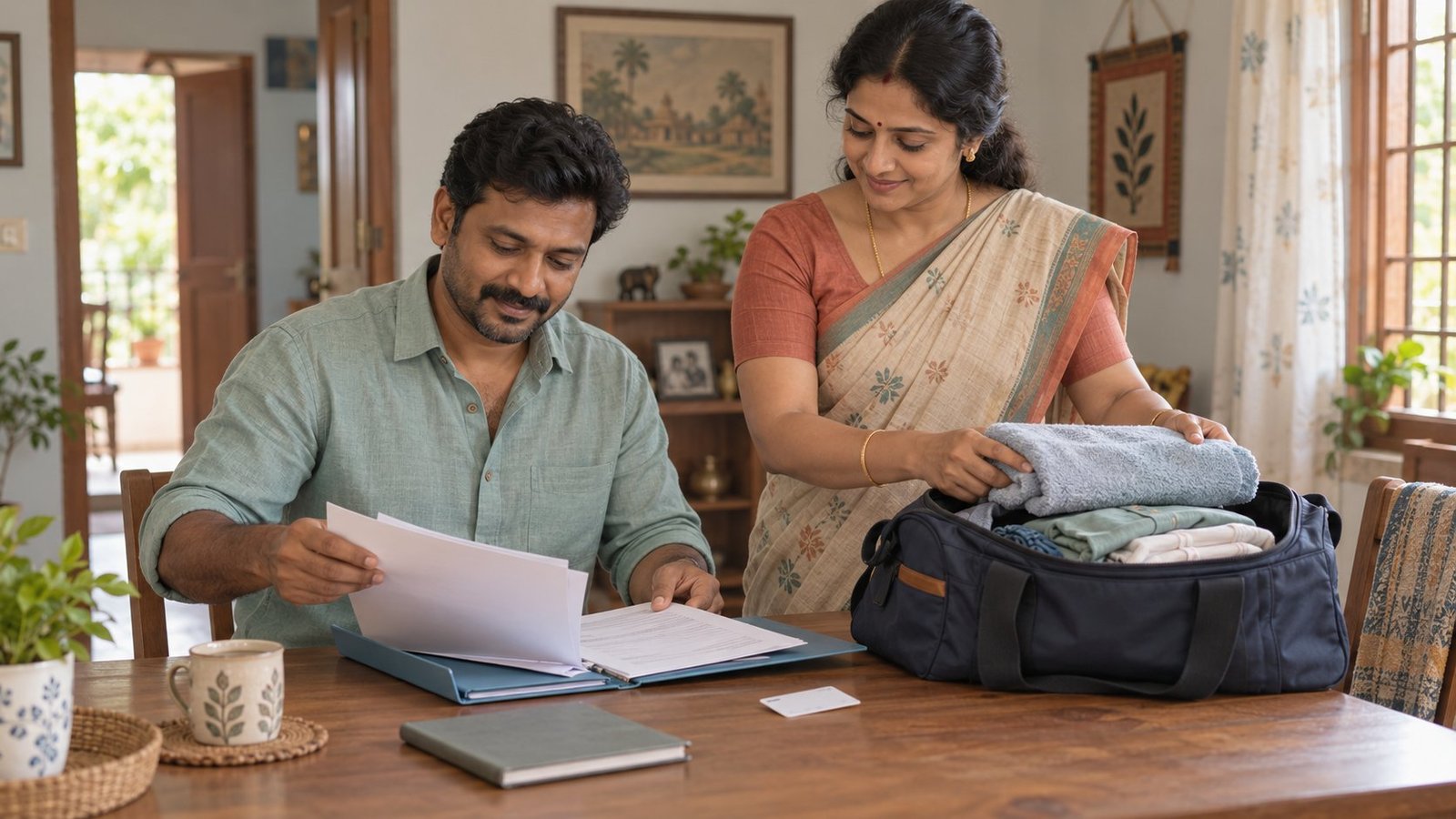 Tamil family organising medical reports and a small travel bag for rehab admission