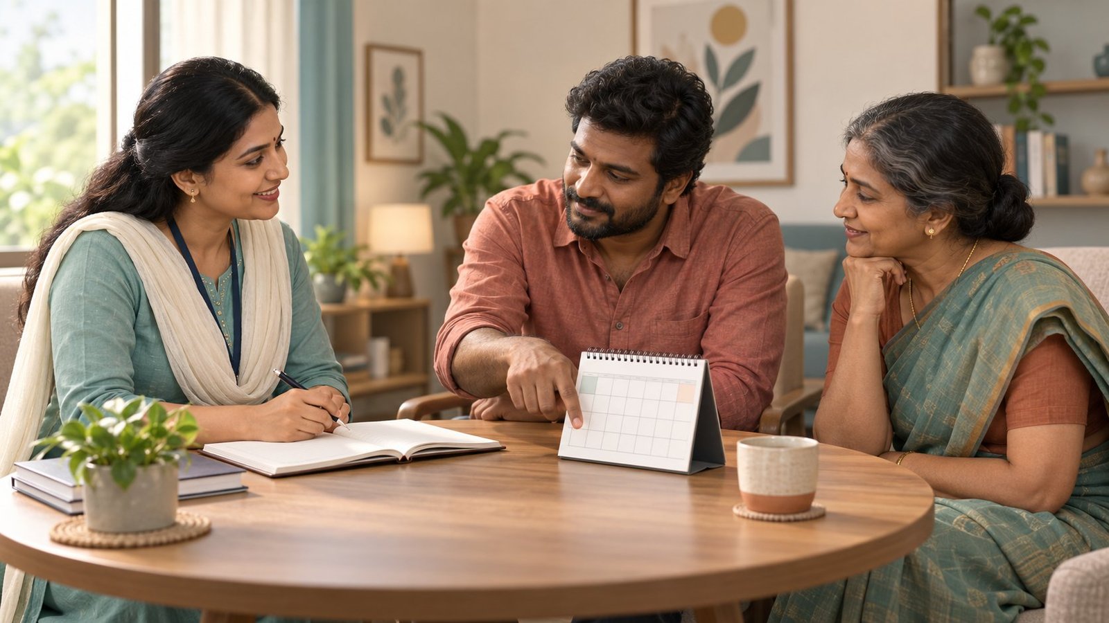 Counsellor and Tamil family planning follow-up appointments in a notebook