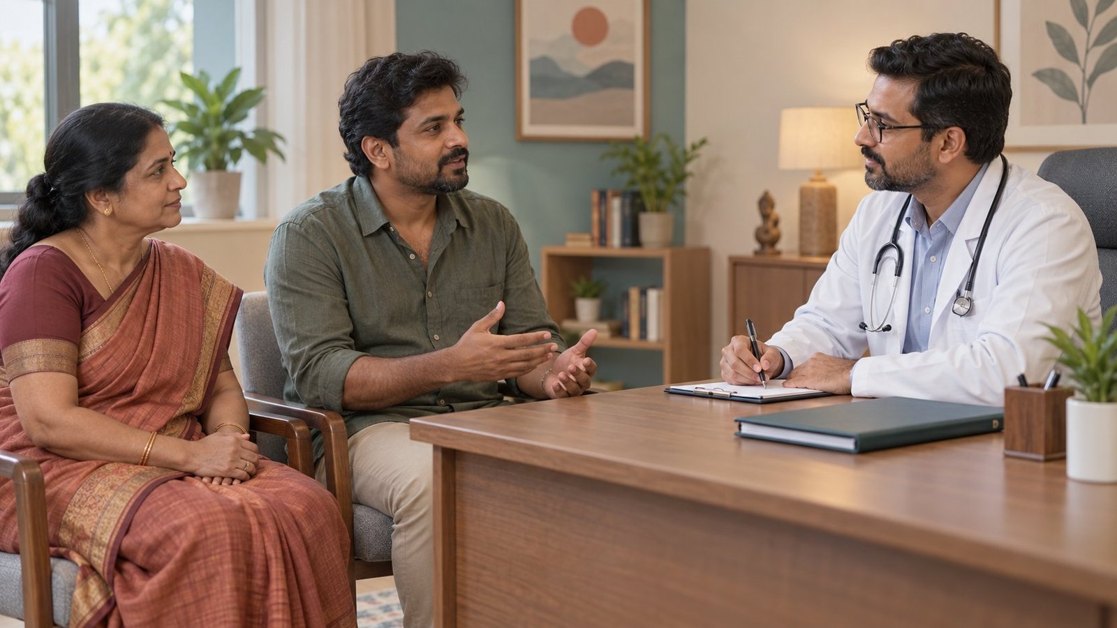 Doctor reviewing medical history with a Tamil man before rehab admission in Chennai