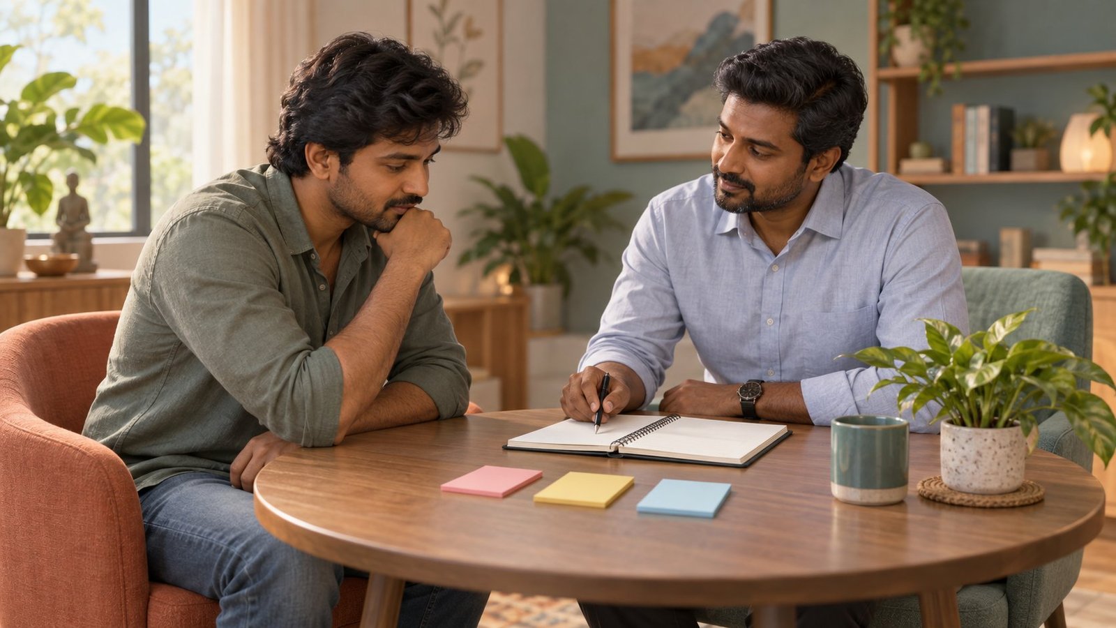 Tamil man and counsellor identifying triggers in a relapse prevention notebook