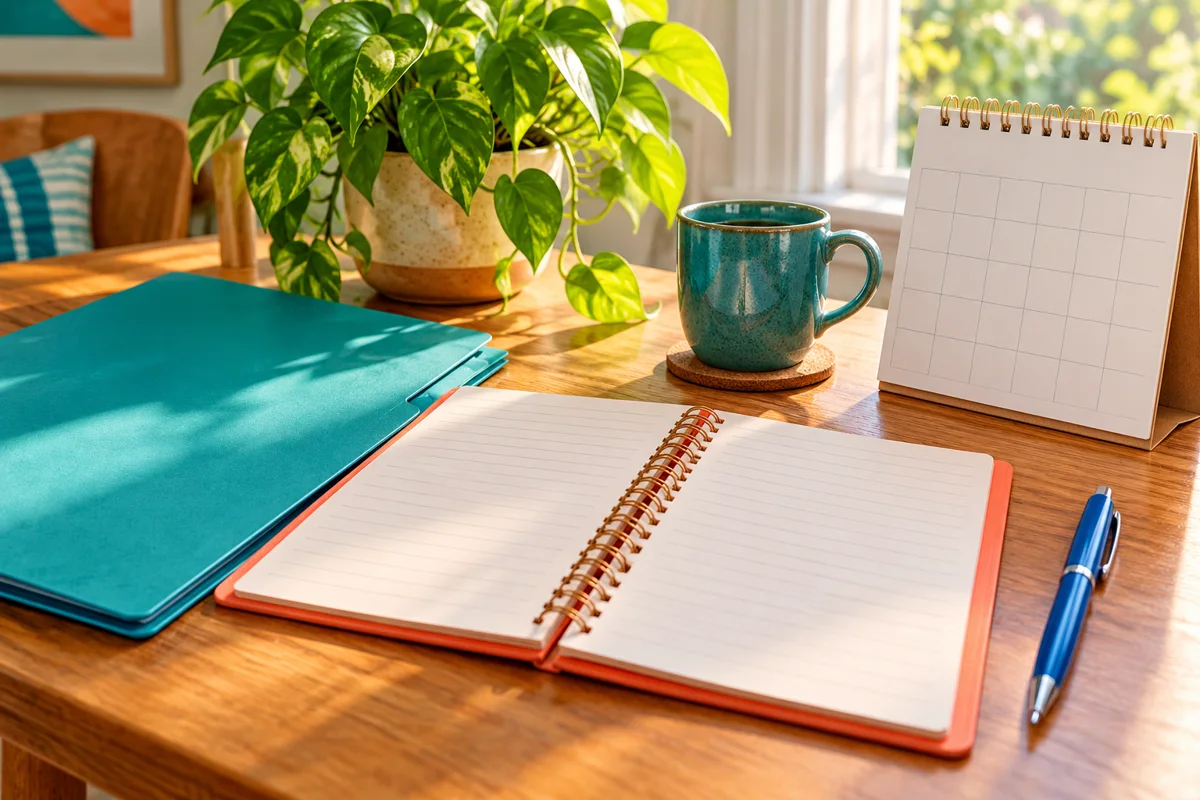 Turquoise folder, coral notebook and calendar for a rehab discharge checklist