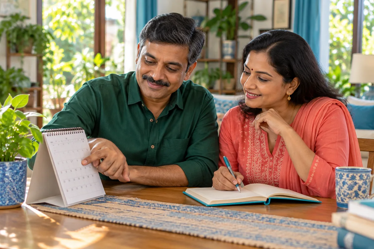 Couple reviewing a calendar and notebook to plan a follow-up appointment