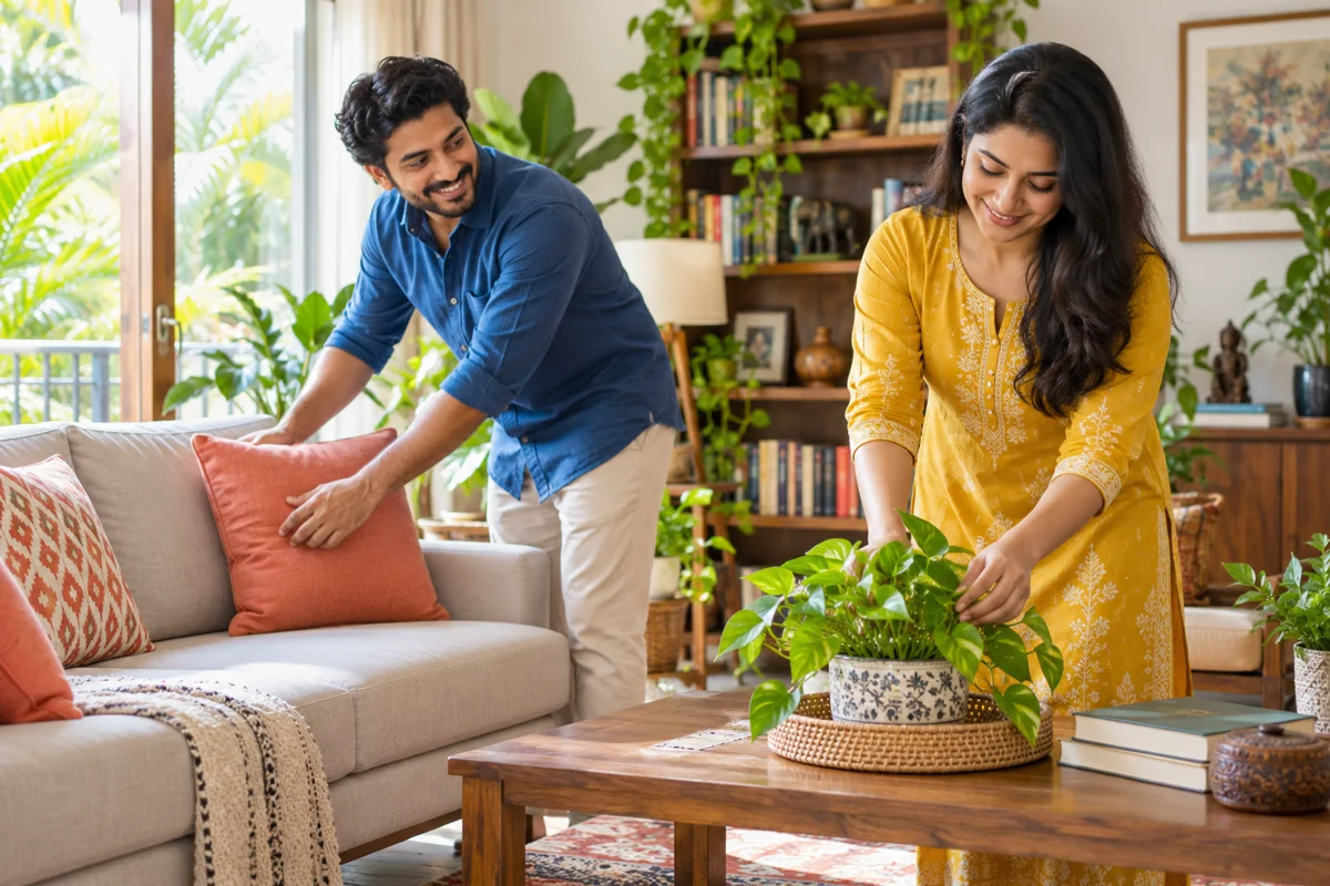 Two adults preparing a bright living room for returning home