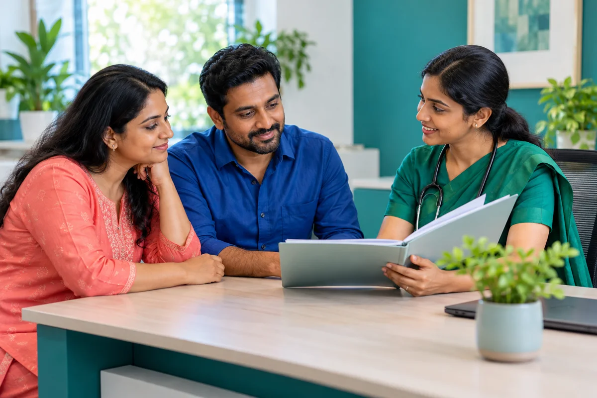 Adult and family member reviewing discharge information with a clinician