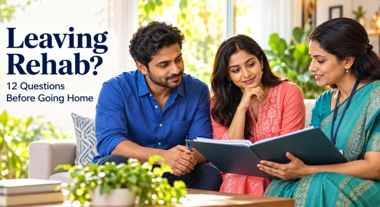Leaving Rehab? 12 Questions Before Going Home, with family reviewing a care plan