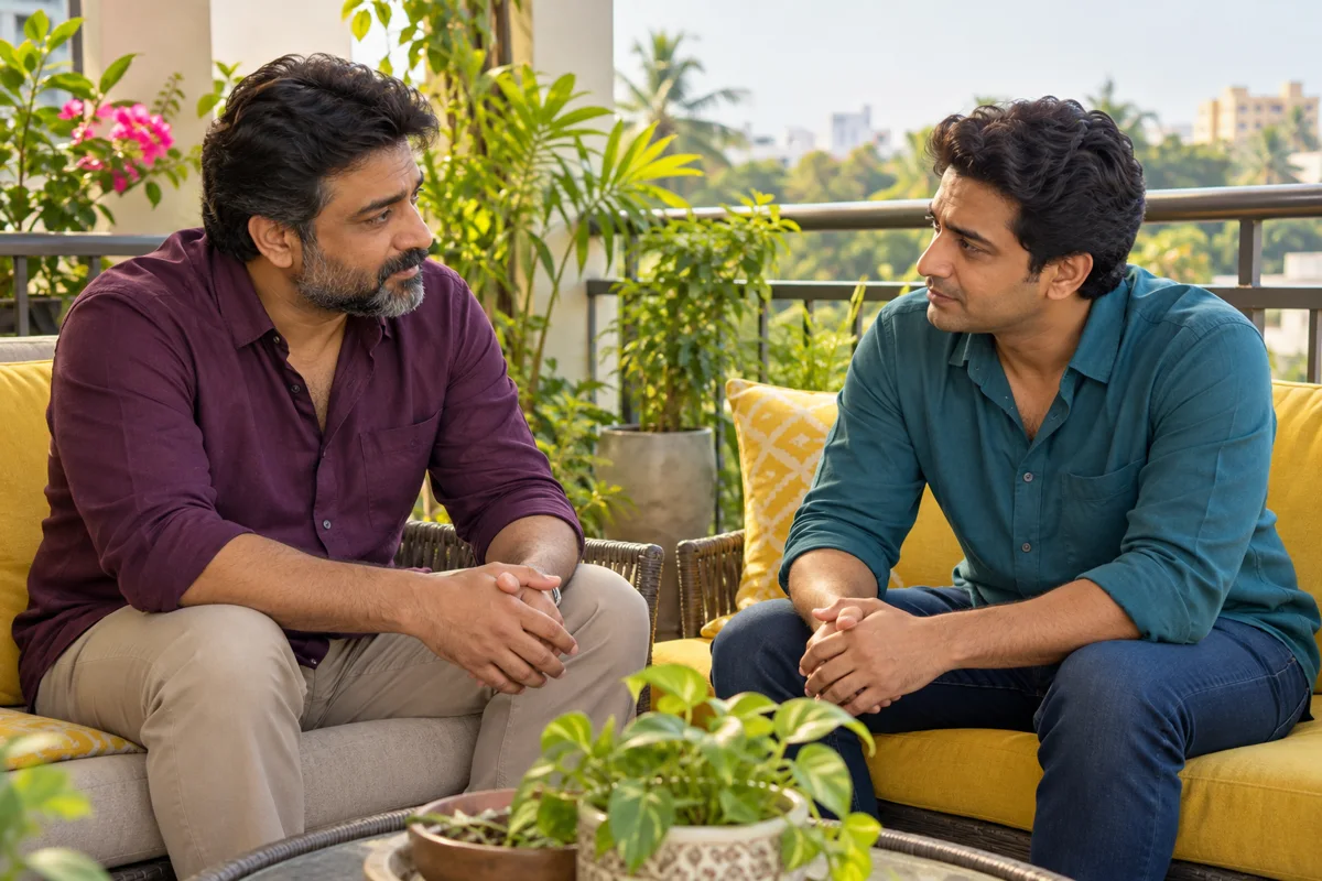 Two adult brothers having a calm conversation on a balcony