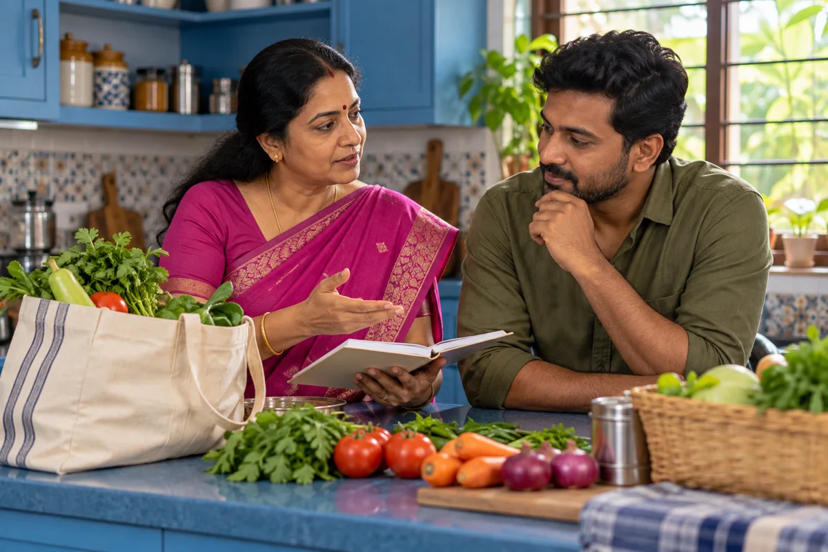 Two adult relatives discussing household expenses beside groceries in a kitchen