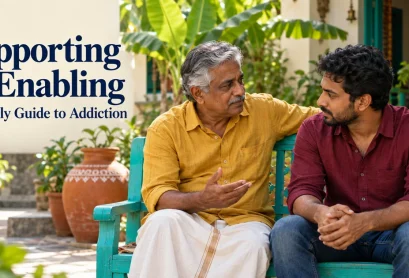 Supporting vs Enabling: father and adult son talking on a courtyard bench