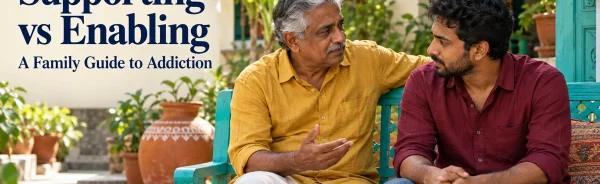 Supporting vs Enabling: father and adult son talking on a courtyard bench