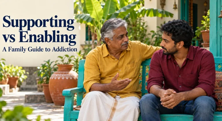 Supporting vs Enabling: father and adult son talking on a courtyard bench