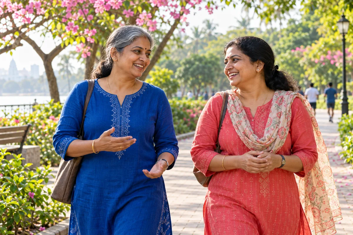 Two women walking and talking together in a leafy park