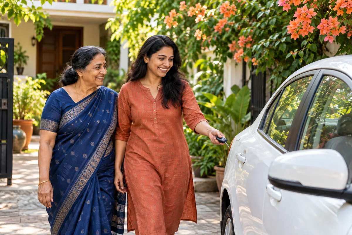 Adult daughter accompanying her mother to a car for practical transport support